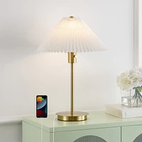 Jonathan Y Freida 21.25" Modern Glam Metal Column Led Table Lamp with Usb Charging Port and Pleated Shade, Brass Gold/White