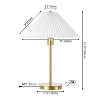 Jonathan Y Freida 21.25" Modern Glam Metal Column Led Table Lamp with Usb Charging Port and Pleated Shade, Brass Gold/White