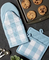 Design Imports Buffalo Check Kitchen Collection, Classic Farmhouse Kitchen Set, Potholder Oven Mitt, White Light Blue, 2 Piece