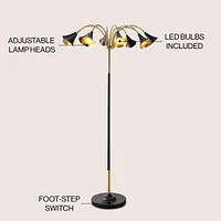 Jonathan Y Vivian 61" 10-Light Mid-Century Modern Iron Medusa Multi Head Led Floor Lamp, White/Brass Gold