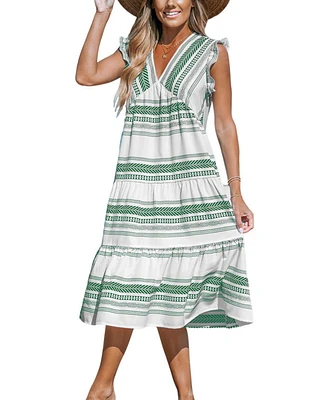 Cupshe Women's Boho Striped V-Neck Flutter Sleeve Midi Beach Dress