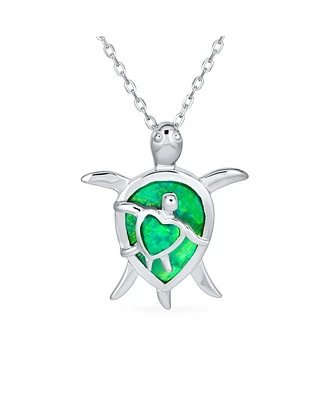 Bling Jewelry Nautical Beach Vacation Gemstone Created Opal Inlay Green Heart Mother Mom Baby Sea Turtle Pendant Necklace Sterling Silver October Birt