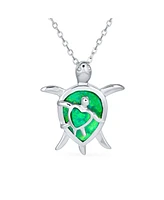 Bling Jewelry Nautical Beach Vacation Synthetic Opal Inlay Green Heart Mother Mom Baby Sea Turtle Pendant Necklace Sterling Silver