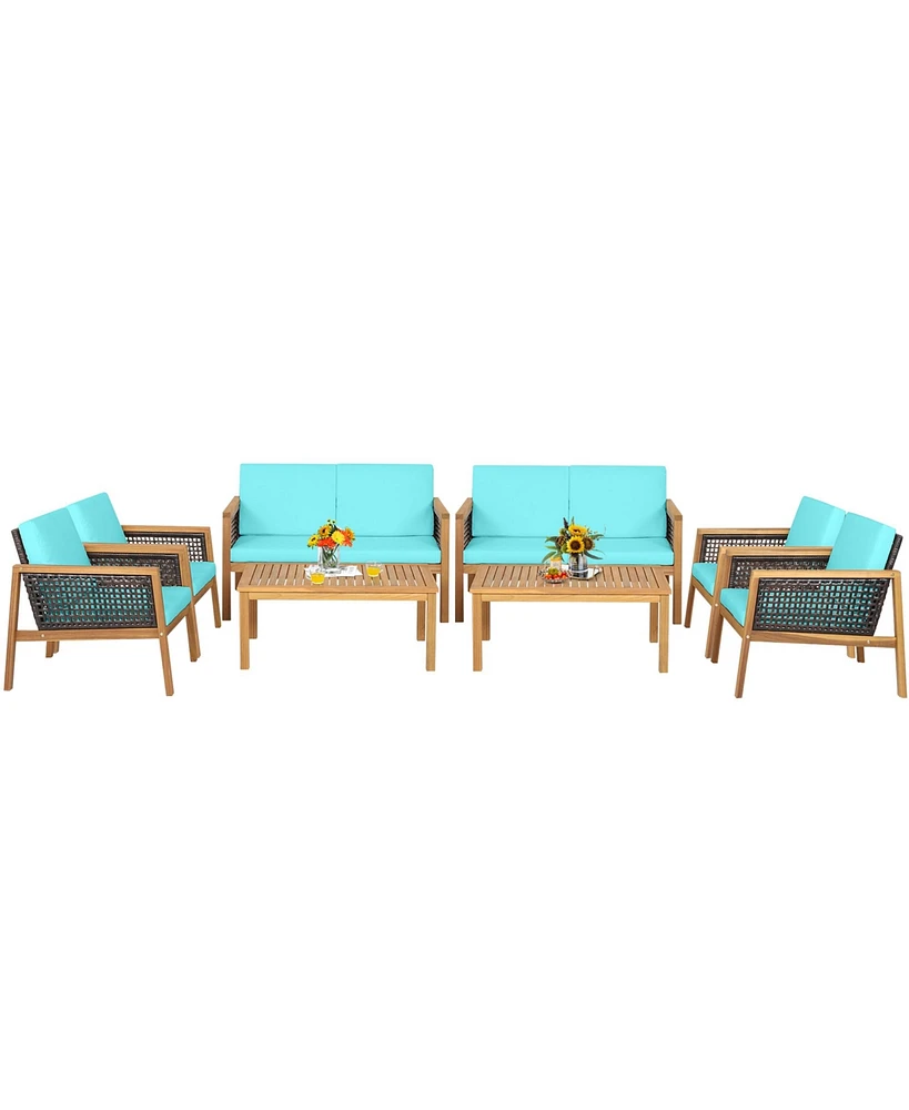 Gymax 8PCS Patio Acacia Wood Furniture Set Pe Rattan Conversation Set w/ Turquoise Cushions