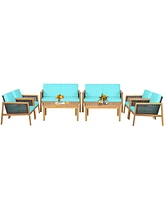 Gymax 8PCS Patio Acacia Wood Furniture Set Pe Rattan Conversation Set w/ Turquoise Cushions