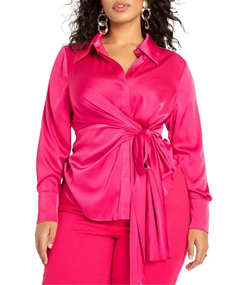 Eloquii Plus Satin Collared Blouse With Bow - 30, Hot Pink