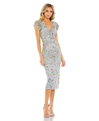 Mac Duggal Women's Floral Embellished Flutter Cap Sleeve Dress
