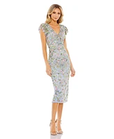 Mac Duggal Women's Floral Embellished Flutter Cap Sleeve Dress