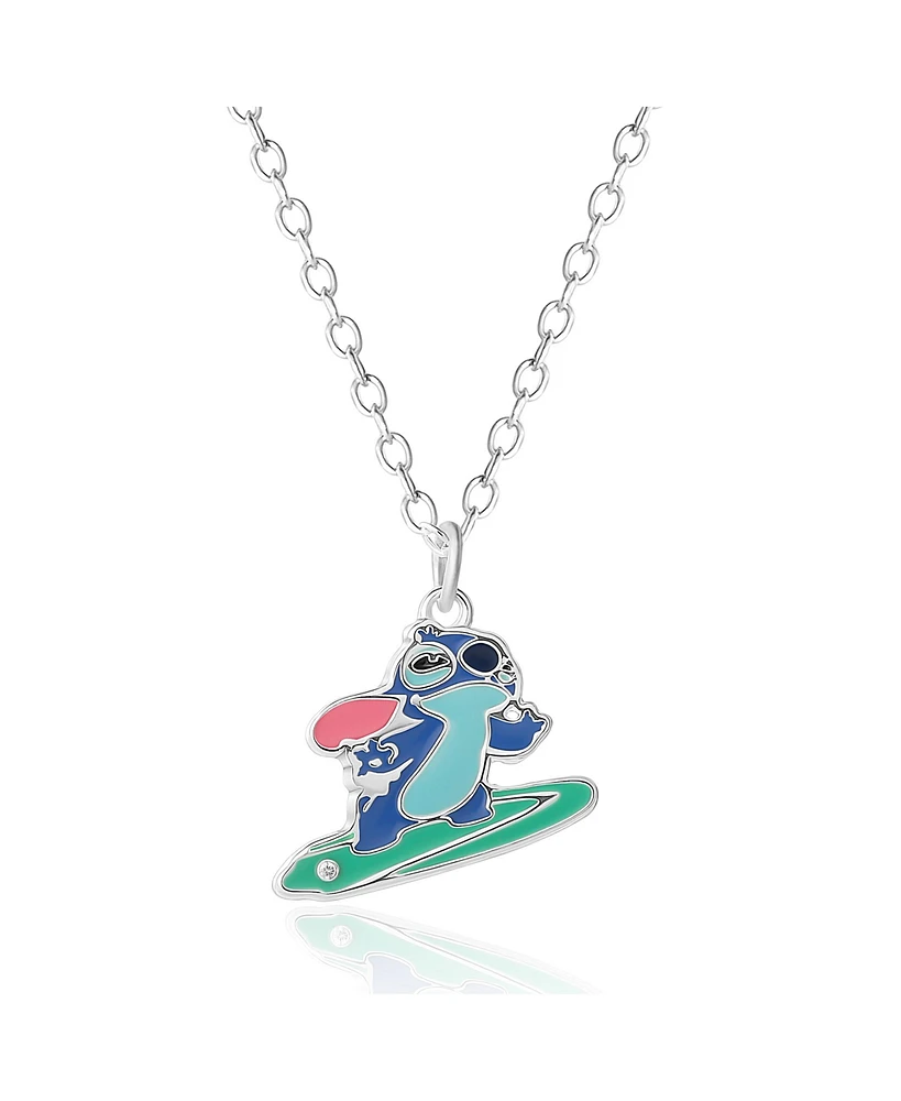 Disney Lilo and Stitch Silver Plated Stitch Surfing Pendant, 16+2" Chain