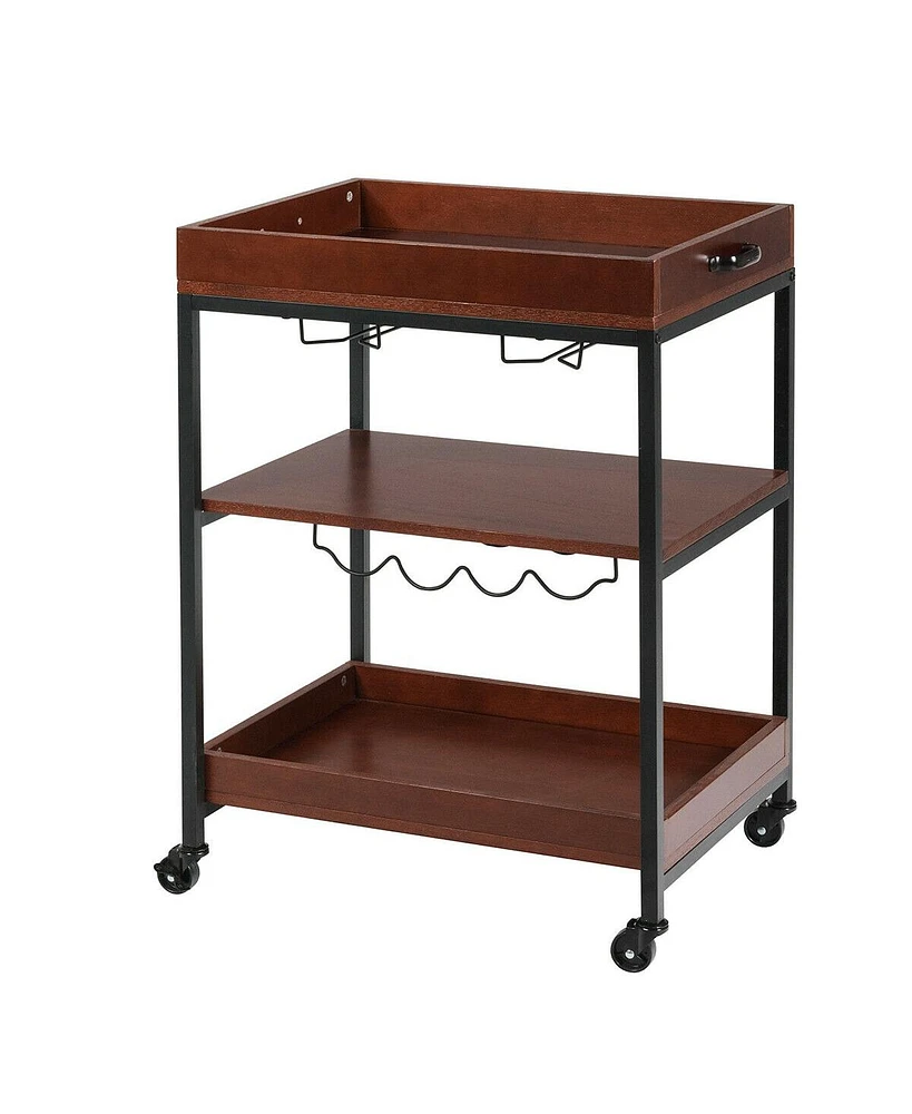 Sugift 3 Tiers Kitchen Island Serving Bar Cart with Glasses Holder and Wine Bottle Rack