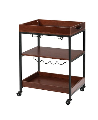 Sugift 3 Tiers Kitchen Island Serving Bar Cart with Glasses Holder and Wine Bottle Rack