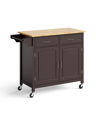 Sugift Modern Rolling Kitchen Cart Island with Wood Counter Top