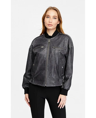 Furniq Uk Women's Genuine Leather Bomber Jacket, Black