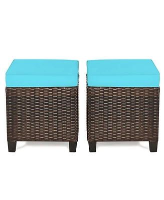 Gymax Set of 2 Patio Rattan Ottoman Footrest Garden Outdoor w/ Turquoise Cushion