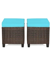 Gymax Set of 2 Patio Rattan Ottoman Footrest Garden Outdoor w/ Turquoise Cushion