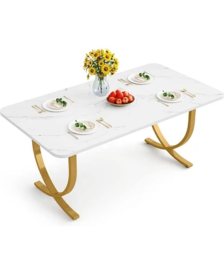 Tribesigns Rectangular Dining Table for 4 to 6, 63-Inch White and Gold Modern Kitchen Table with Faux Marble Table Top and Metal Legs for Dining Room,