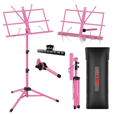 5 Core Sheet Music Stand Pink Portable Foldable Music Note Holder 2022; Height Adjustable Tripod Stands - Mus Fld Pnk