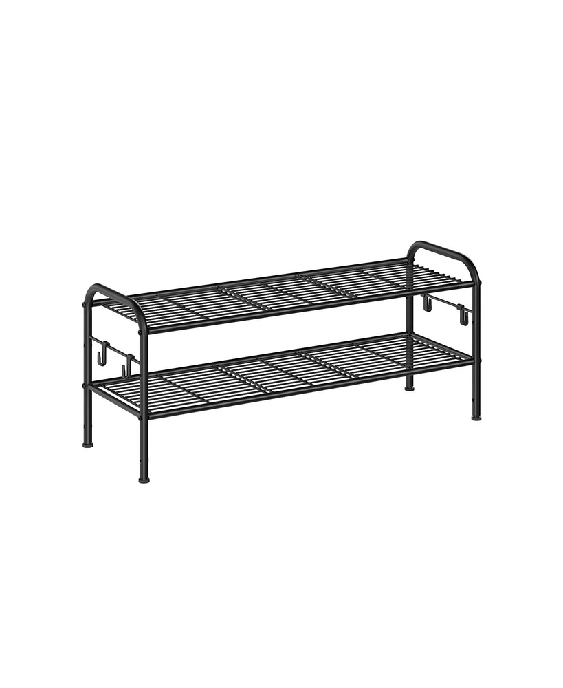 Slickblue Shoe Organizer Rack, Metal Shelf Storage with Side Hooks, Height-Adjustable Rack