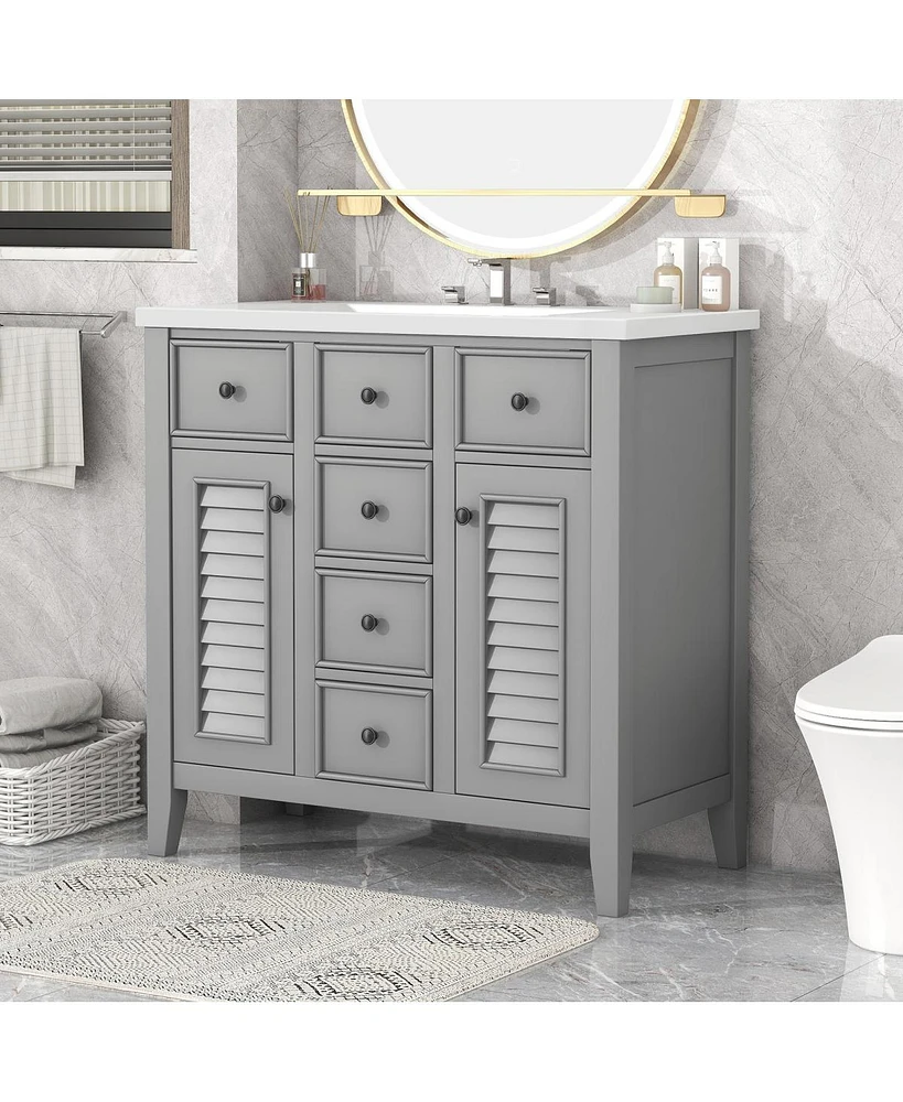 Streamdale Furniture 36" Bathroom Vanity With Ceramic Basin, Two Cabinets And Five Drawers, Solid Wood Frame