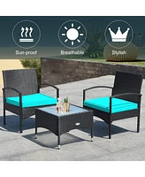 Sugift 3 Pieces Patio Wicker Rattan Furniture Set with Cushion for Lawn Backyard