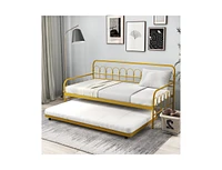 Slickblue Twin Size Golden Metal Daybed with Trundle and Lockable Wheels-Twin Size