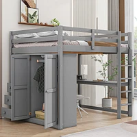 Wood Full Loft Bed With Built-In Wardrobe, Desk, Storage Shelves And Drawers