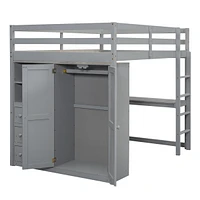 Wood Full Loft Bed With Built-In Wardrobe, Desk, Storage Shelves And Drawers