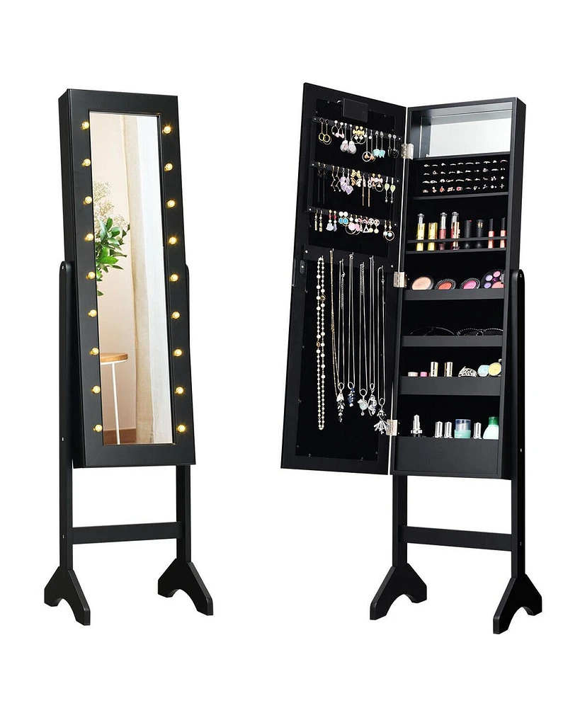 Sugift Mirrored Standing Jewelry Armoire Cabinet with Led Lights
