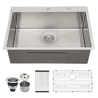 Streamdale Furniture Stainless Steel 30 In 2-Hole Single Bowl Drop-In Kitchen Sink With Bottom Grid And Basket