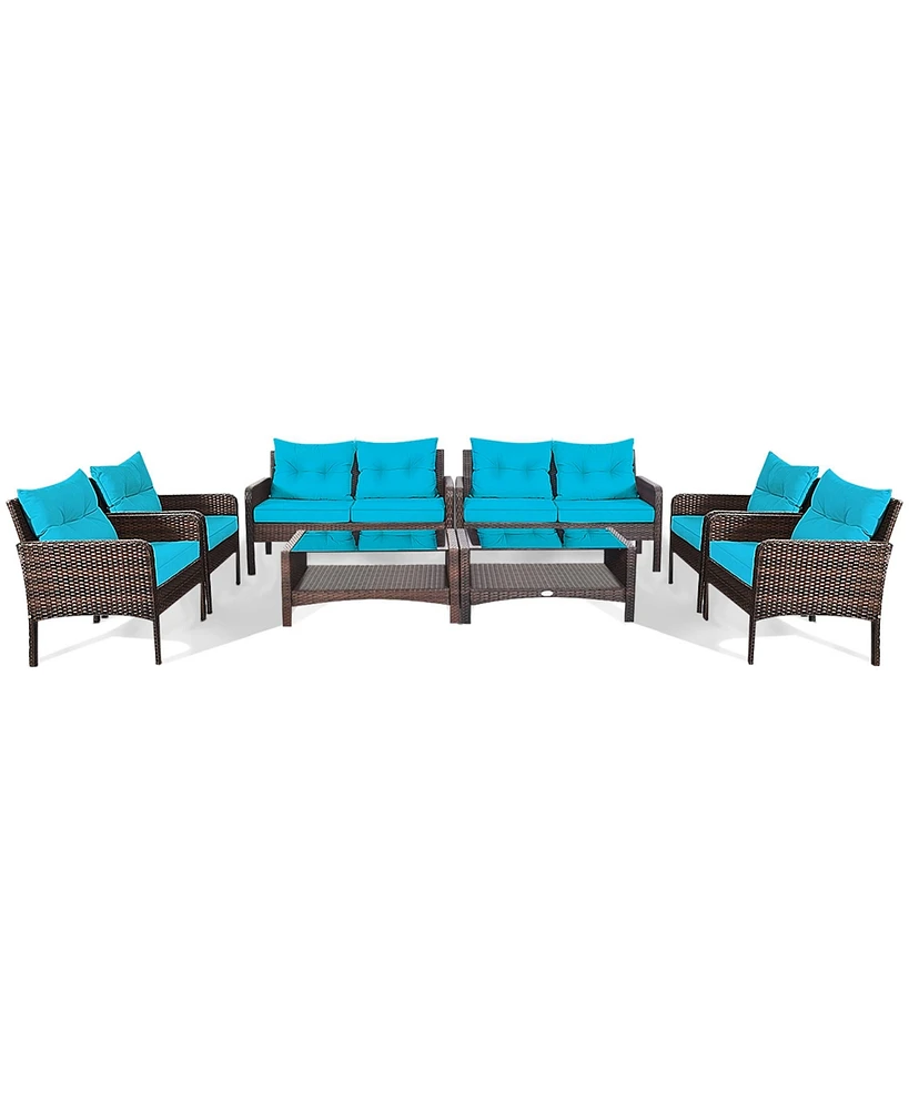 Gymax 8PCS Rattan Patio Conversation Set Outdoor Furniture Set Cushioned