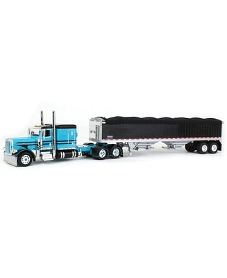 Dcp 1/64 Blue & Black Peterbilt 389 63in Flattop w/ Wilson Grain Trailer