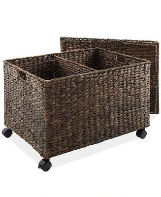 Casafield Rolling Storage Basket Cart with Lid and Wheels, Natural - Woven Water Hyacinth Divided Sorting Bin for Kitchen, Pantry, Laundry, Garage