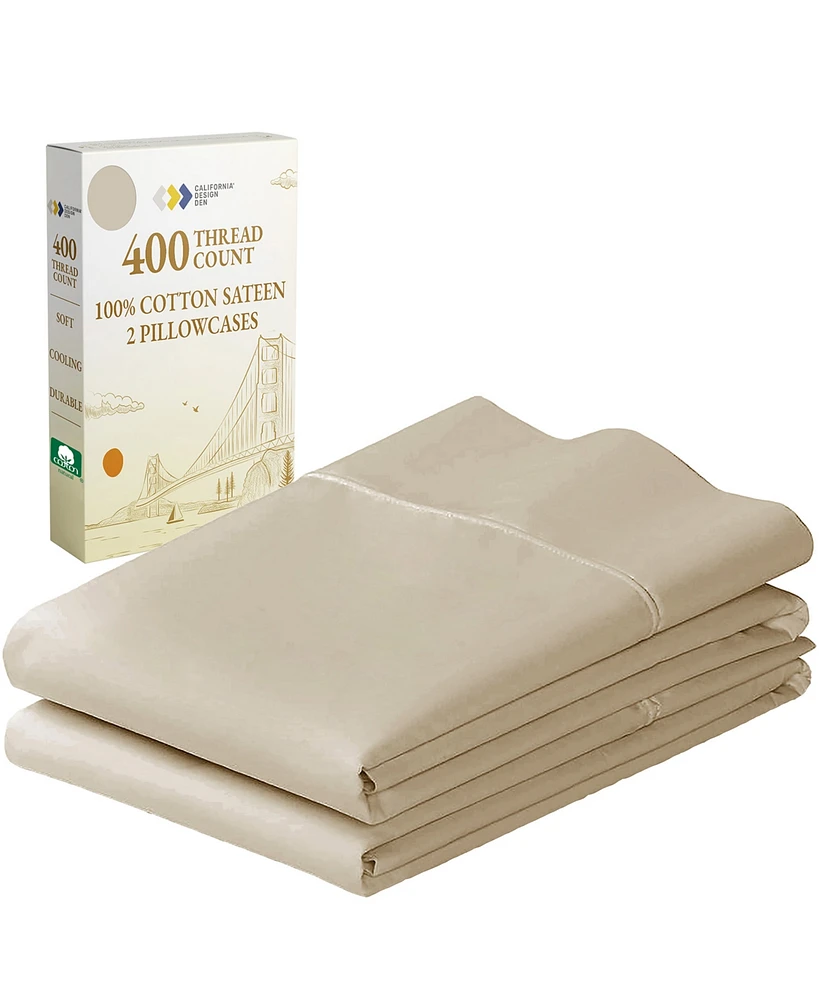 Pillowcase Set - 400 Thread Count, 100% Cotton Sateen, of 2 Pillow Covers, Breathable, Cooling