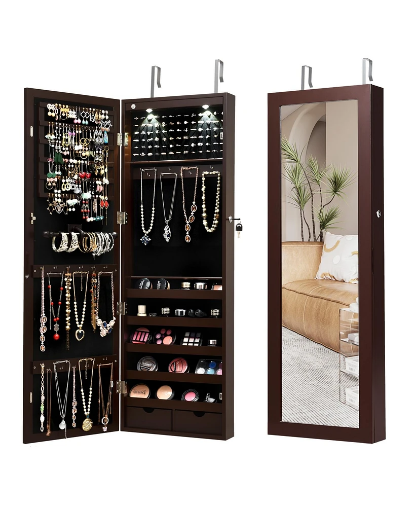 Sugift Lockable Wall Mount Mirrored Jewelry Cabinet with Led Lights