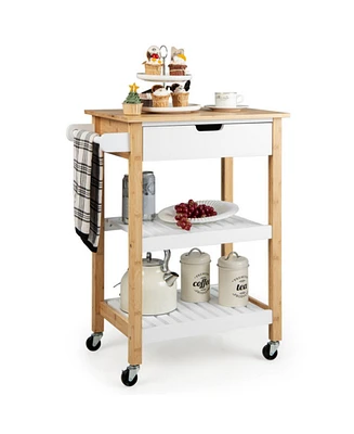 Sugift 3-Tier Kitchen Island Cart Rolling Service Trolley with Bamboo Top
