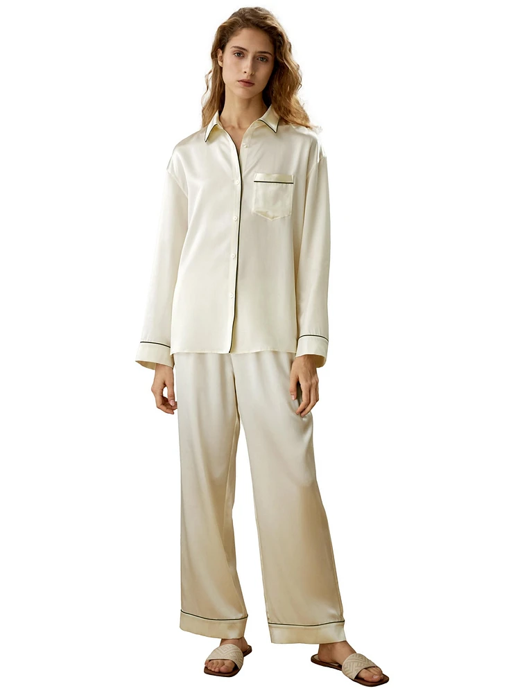 Lilysilk Women's Contrast Piping Button-Up Full Length Pajama Set