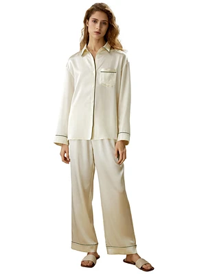 Lilysilk Women's Contrast Piping Button-Up Full Length Pajama Set for Women