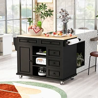 Mobile Kitchen Cart with Rubber Wood Desktop and 5 Draws