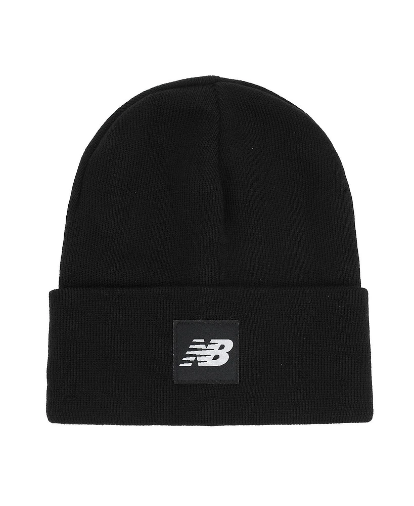 New Balance Men's Women's Woven Nb Logo Cuffed Knit Beanie, One Size, Black