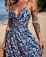 Cupshe Women's Blue Floral Sweetheart Twist & Keyhole Maxi Beach Dress