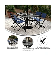 Emma+Oliver Tala Rectangular Tempered Glass Top Patio Table With Umbrella Hole And Black Steel Tube Frame