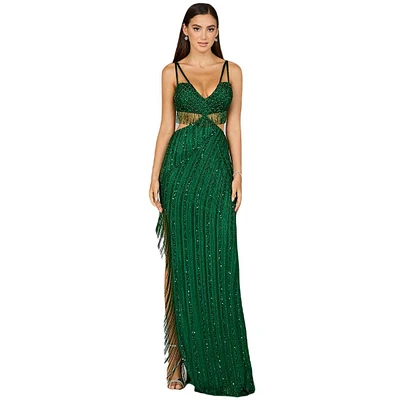 Lara Women's Cutout Beaded Gown with Fringes