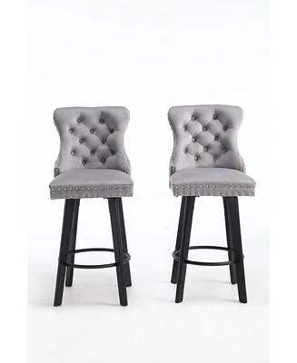 Simplie Fun Gray Velvet Swivel Bar Stools Set of 2 with Button Tufting & Rivet Trim