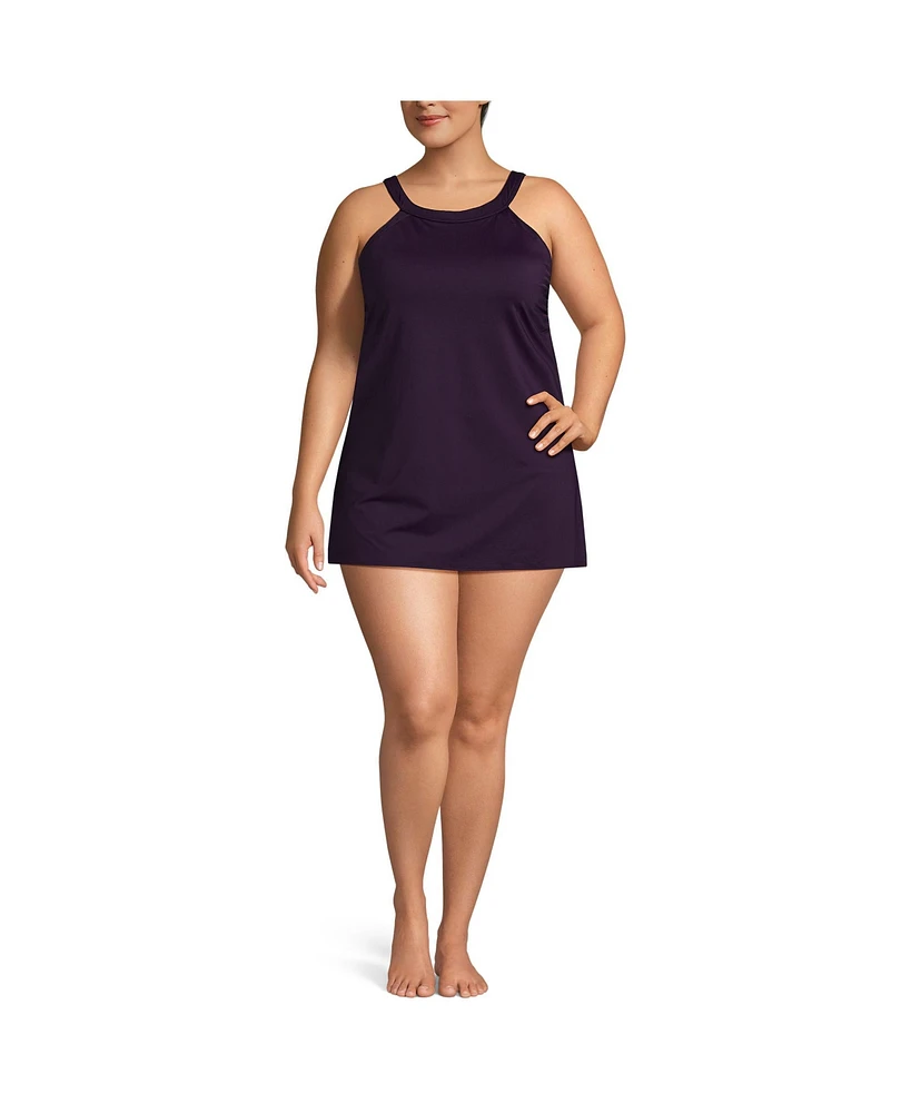 Lands' End Plus Chlorine Resistant High Neck Swim Dress One Piece Swimsuit