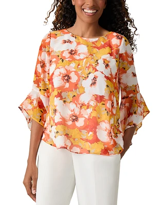 Kasper Petite Floral Print Crewneck Bell-Sleeve Top