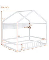 Streamdale Furniture Wooden Full Size House Bed With Storage Shelf, Kids Bed With Fence And Roof, White