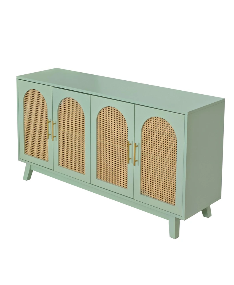 Simplie Fun Modern 4-Door Rattan Cabinet, Mint Green, Easy Assembly