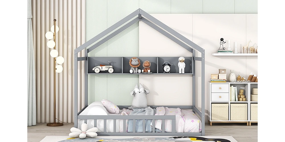 Streamdale Furniture Wooden Full House Bed With Storage Shelf, Kids Fence And Roof, White