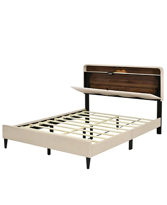 Simplie Fun Upholstered Queen Size Platform Bed with Storage & Usb Ports