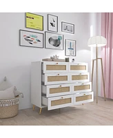 Streamdale Furniture White Color 8 Drawers Chest Of Drawers With Rattan Drawer Face Golden Legs And Handles